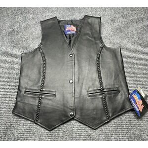 Leather Vest for Women - Black Braided Trim